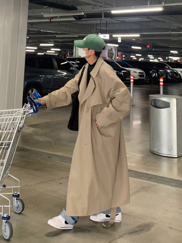 ASCLO Windbreaker kabát v korejskom štýle, dlhý voľný strih, 90% bavlna, dvojradové zapínanie, jednofarebný