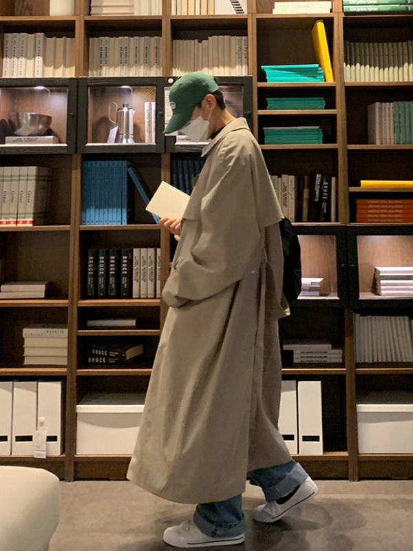 ASCLO Windbreaker kabát v korejskom štýle, dlhý voľný strih, 90% bavlna, dvojradové zapínanie, jednofarebný