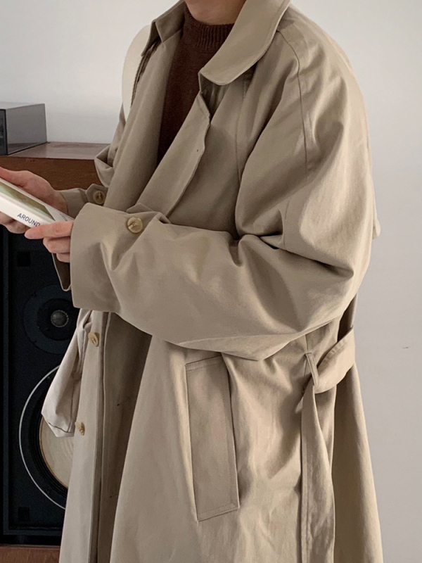 ASCLO Windbreaker kabát v korejskom štýle, dlhý voľný strih, 90% bavlna, dvojradové zapínanie, jednofarebný