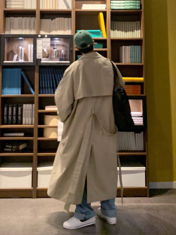 ASCLO Windbreaker kabát v korejskom štýle, dlhý voľný strih, 90% bavlna, dvojradové zapínanie, jednofarebný