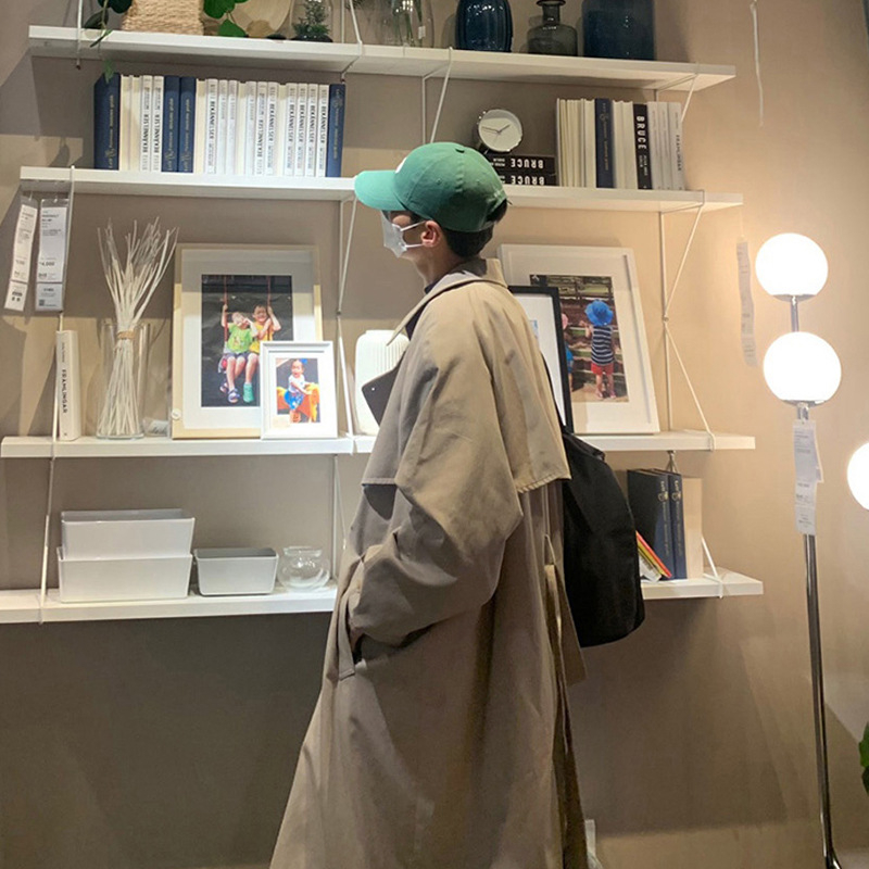 ASCLO Windbreaker kabát v korejskom štýle, dlhý voľný strih, 90% bavlna, dvojradové zapínanie, jednofarebný