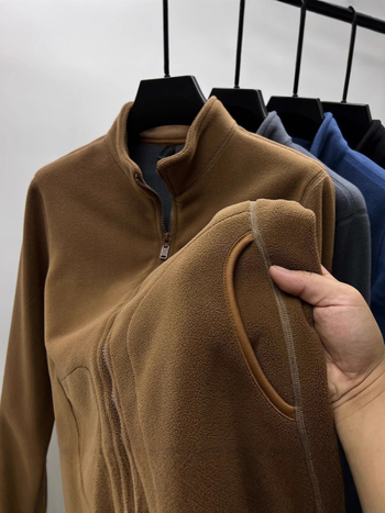 Ζακέτα φλίς με στάσιμο γιακά, φερμουάρ, παχύ φλίς πολυεστέρα, μακριά μανίκια