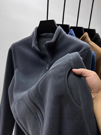 Ζακέτα φλίς με στάσιμο γιακά, φερμουάρ, παχύ φλίς πολυεστέρα, μακριά μανίκια