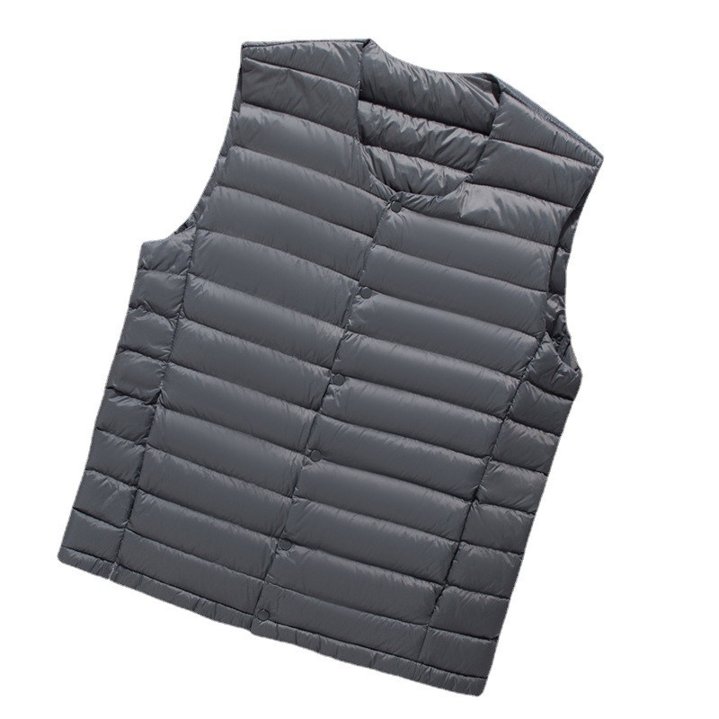 Мъжки лек пухен жилет с пълнеж от бял патицов пух, ветроустойчив найлонов външен слой, без яка, корейски стил, нормална защита от студ (-20°C до -5°C)