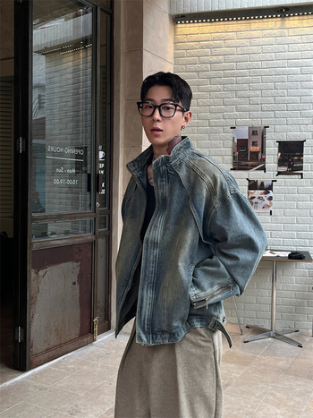 Meeste denim-jakk — stand-up krae, lukk, patchwork, vaba lõige