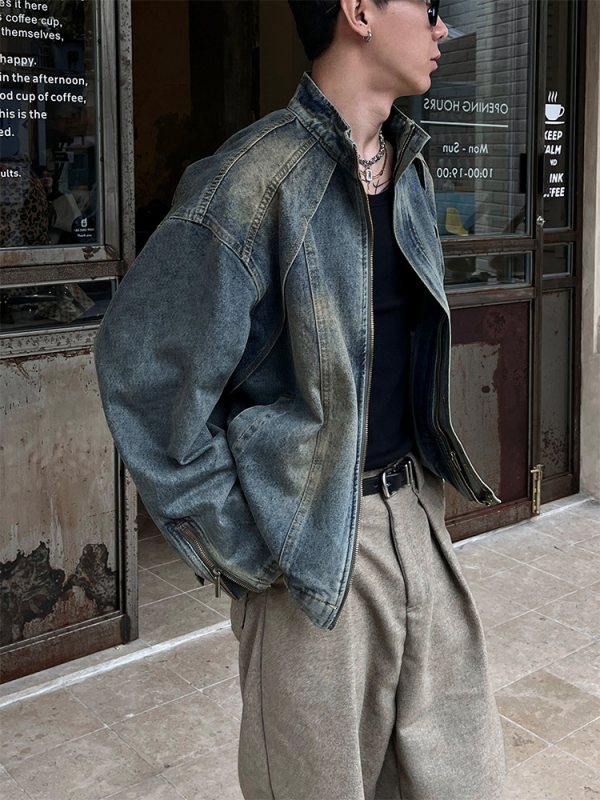 Meeste denim-jakk — stand-up krae, lukk, patchwork, vaba lõige