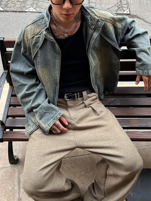 Meeste denim-jakk — stand-up krae, lukk, patchwork, vaba lõige