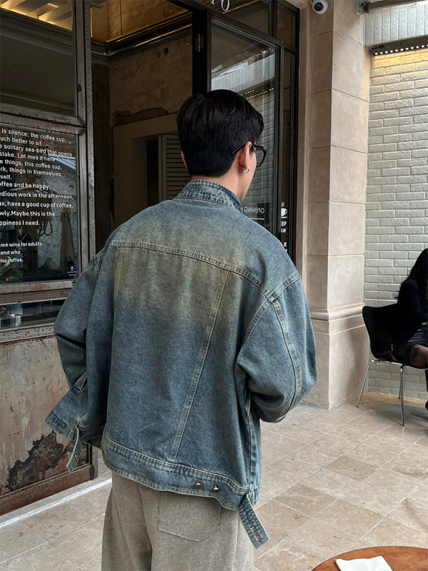 Meeste denim-jakk — stand-up krae, lukk, patchwork, vaba lõige