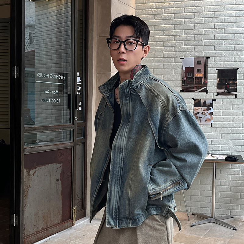 Meeste denim-jakk — stand-up krae, lukk, patchwork, vaba lõige