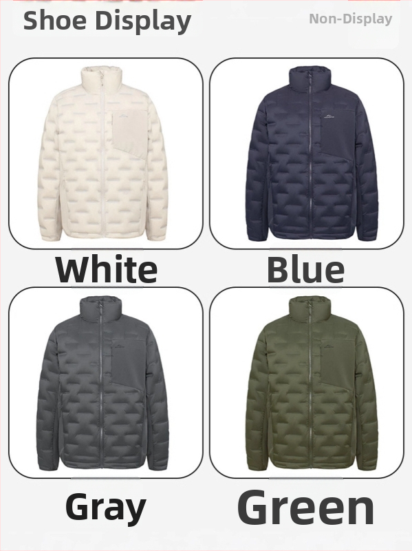 Vīriešu viegla pūkaina jaka, īss modelis, stāvošs apkaklis, pildījums balta pīļu pūka, Fill Power 550, pūku saturs 91–95%