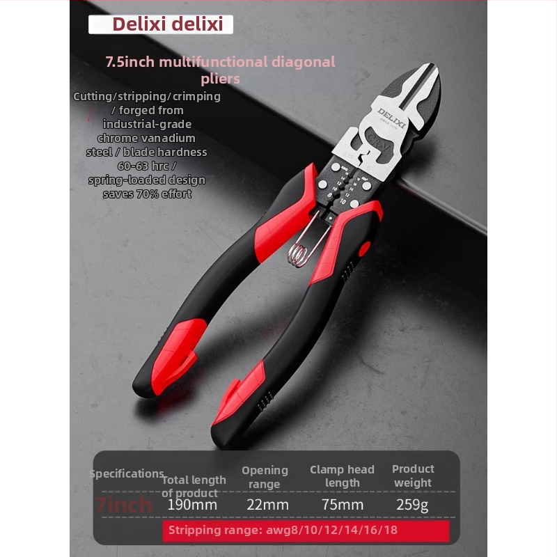 Delixi Electric priemyselné diagonálne rezné kliešte, vysoká tvrdosť, naklonené čeľuste, z chróm-vanádiovej ocele