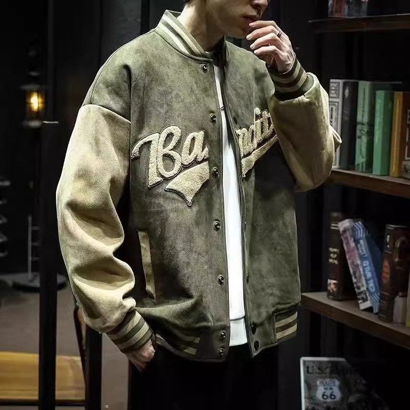 Muško velur jakna za proljeće i jesen, s stojećim ovratnikom, otporna na vjetar, sportski baseball stil, labav kroj, lagana, retro japanski stil