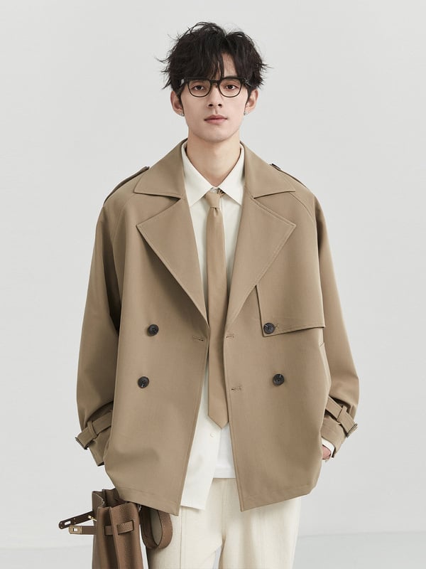 Kórejská verzia krátkeho kabáta, dvojradové zapínanie, golier v štýle Western, voľný strih, jednobarevný, 100% polyester vrchný materiál a podšívka, na jar a jeseň.