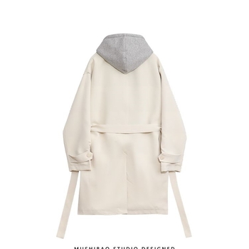 Ανδρικό παλτό με κουκούλα, κορεατικού στυλ, με σταθερό γιακά, μπροστινό κούμπωμα με φερμουάρ, χρωματικό μπλοκ