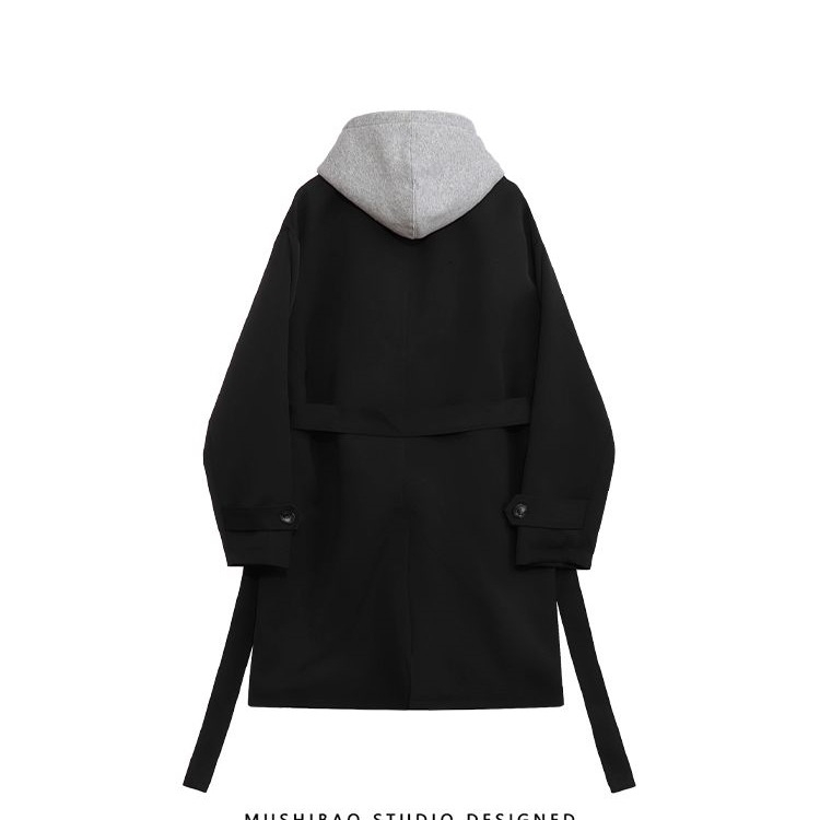 Pánsky kabát s kapucňou, korejského štýlu, stojatý golier, jednoredové zapínanie, zips, dizajn color blocking