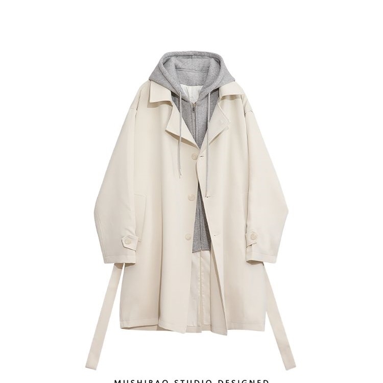 Pánsky kabát s kapucňou, korejského štýlu, stojatý golier, jednoredové zapínanie, zips, dizajn color blocking