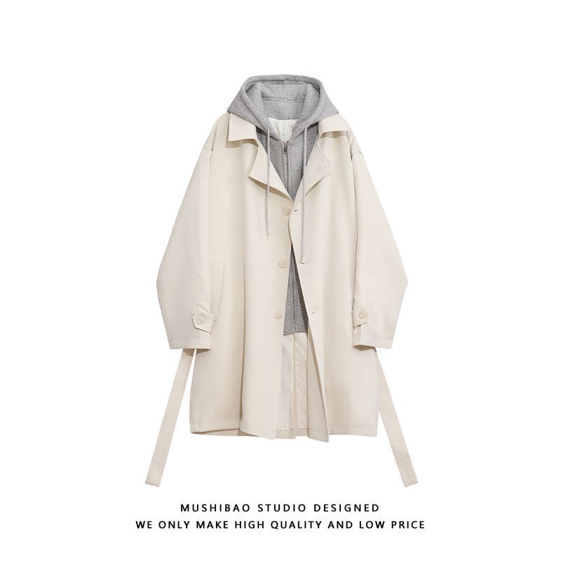 Ανδρικό παλτό με κουκούλα, κορεατικού στυλ, με σταθερό γιακά, μπροστινό κούμπωμα με φερμουάρ, χρωματικό μπλοκ