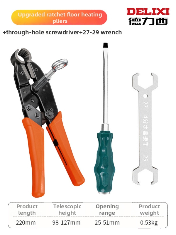 Delixi kliešte pre podlahové vykurovanie – ručné rozoberanie a čistenie potrubia, zubové čeľuste, inštalácia rozdeľovača vody