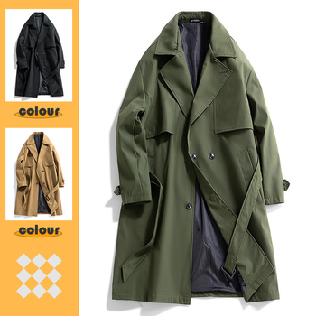 Pánsky kabát v kórejskom štýle, golier s lapelom, pás, zapínanie na jeden rad gombíkov, 100% polyester