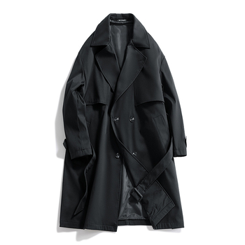 Pánsky kabát v kórejskom štýle, golier s lapelom, pás, zapínanie na jeden rad gombíkov, 100% polyester