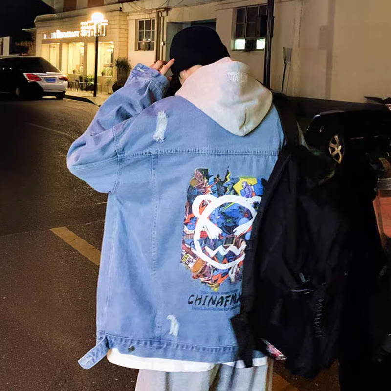 Meeste teksariidist-jakk, Korea stiil, vaba lõige, lapi kaelus, ühe nööbi sulgemine, kevad-sügis