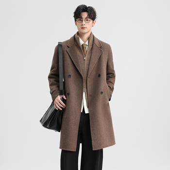 Kabát zo zmesi vlny s obojstranným prevedením, strednej dĺžky, golier vo western štýle, gombíkové dva rady, žehlenie bez pokrčenia