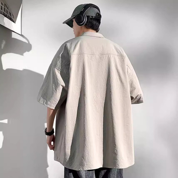 Meeste lühikeste varrukatega särk, hingav polüester, vaba lõige, ühestoon, tasku detail, Hongkongi stiil, suvine igapäevane särk