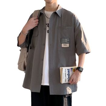 Meeste lühikeste varrukatega särk, hingav polüester, vaba lõige, ühestoon, tasku detail, Hongkongi stiil, suvine igapäevane särk