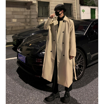 Kabát s japonským retro štýlom, dlhý, dvojradový, golier s lapelom, jednobarevný (polyesterová zmes; voľný strih; bočné vrecká)