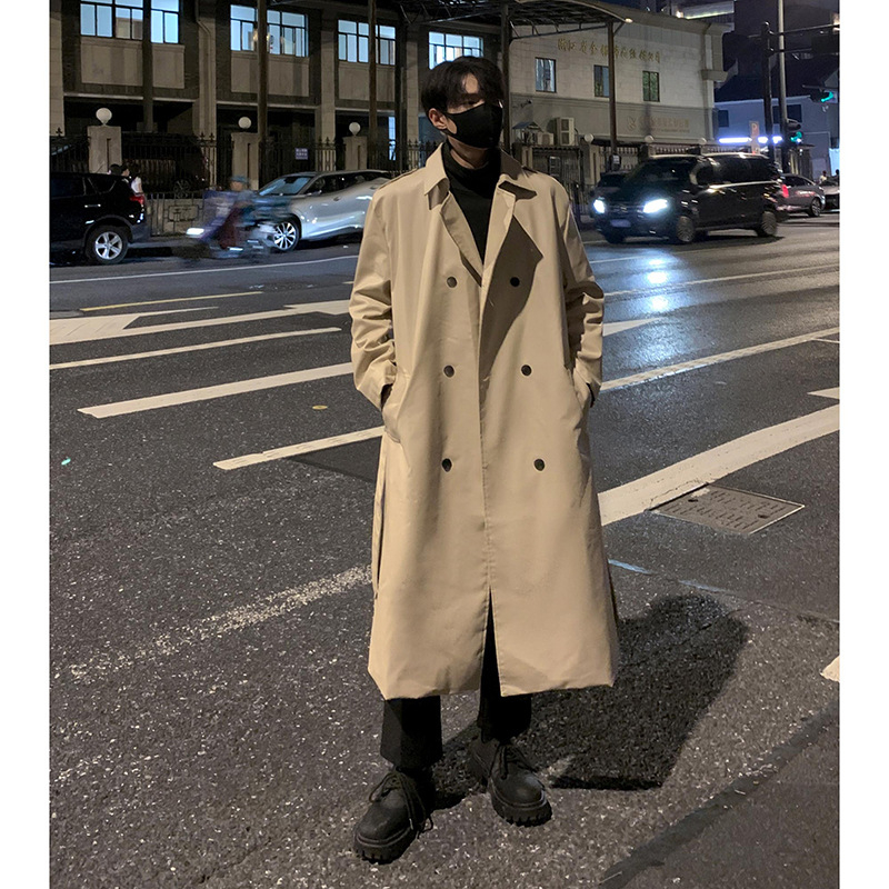 Kabát s japonským retro štýlom, dlhý, dvojradový, golier s lapelom, jednobarevný (polyesterová zmes; voľný strih; bočné vrecká)