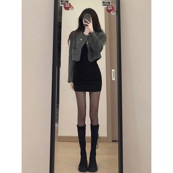 Poliester bodycon haljina s V-izrezom, dugi rukavi, visok struk