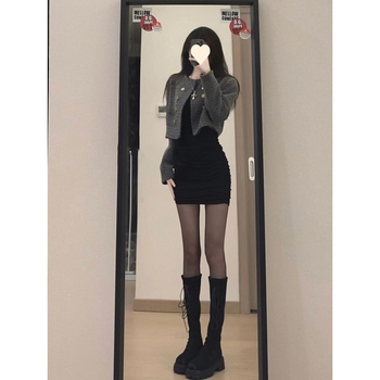 Poliester bodycon haljina s V-izrezom, dugi rukavi, visok struk