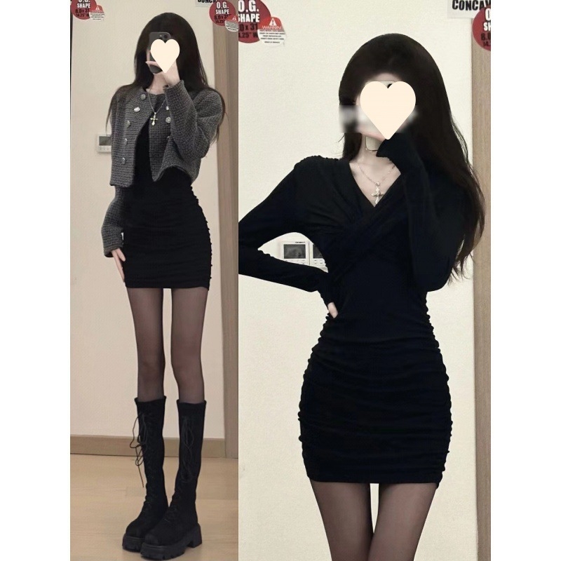 Poliester bodycon haljina s V-izrezom, dugi rukavi, visok struk