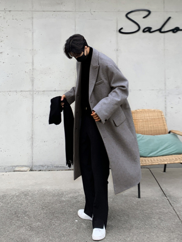 Kórejský štýl, voľný strih, hrubý vlnený kabát, jednoradové zapínanie, golier typu saka, 90% polyester