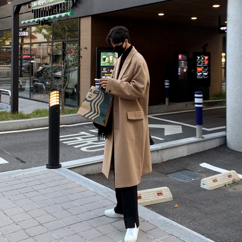 Kórejský štýl, voľný strih, hrubý vlnený kabát, jednoradové zapínanie, golier typu saka, 90% polyester
