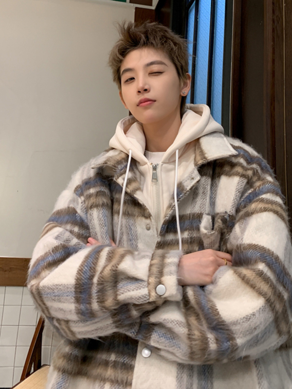 Meeste villane ruuduline jope, paksendatud talvine mudel, Hongkongi stiil, lapel-kaelus, tõmblukk, kapuutsita, külgmised taskud, vooder 100% polüester