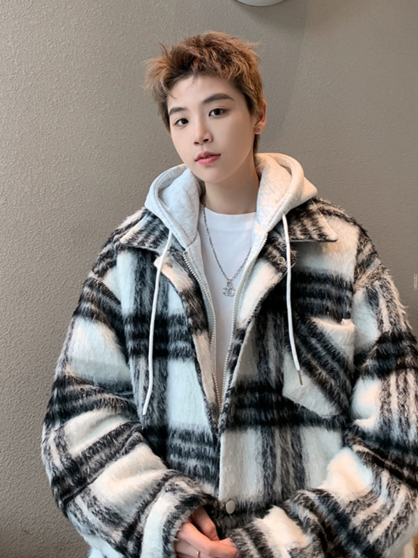 Meeste villane ruuduline jope, paksendatud talvine mudel, Hongkongi stiil, lapel-kaelus, tõmblukk, kapuutsita, külgmised taskud, vooder 100% polüester