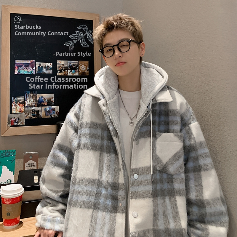 Meeste villane ruuduline jope, paksendatud talvine mudel, Hongkongi stiil, lapel-kaelus, tõmblukk, kapuutsita, külgmised taskud, vooder 100% polüester