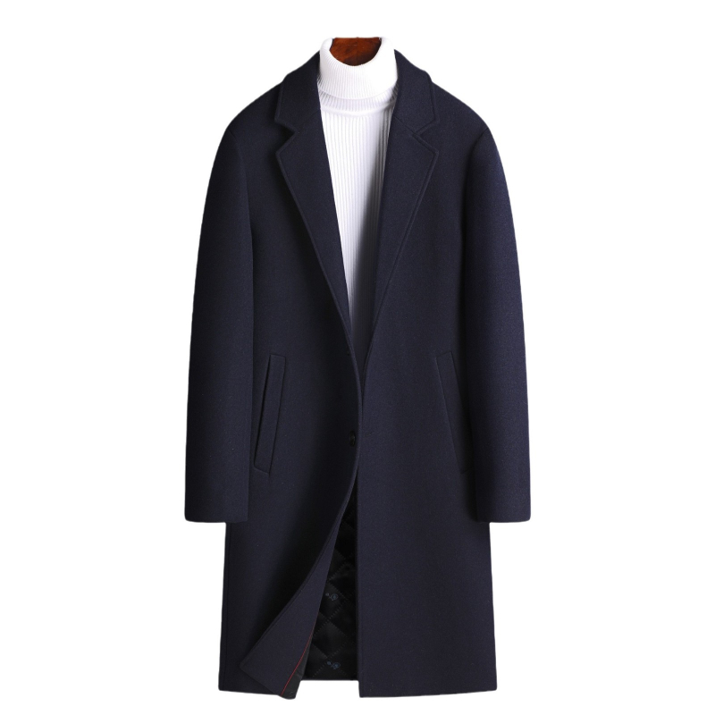 Vlnený kabát, mestský štýl, úzka silueta, hrubšia vlna, jednoradové zapínanie, V golier, podšívka z polyesteru