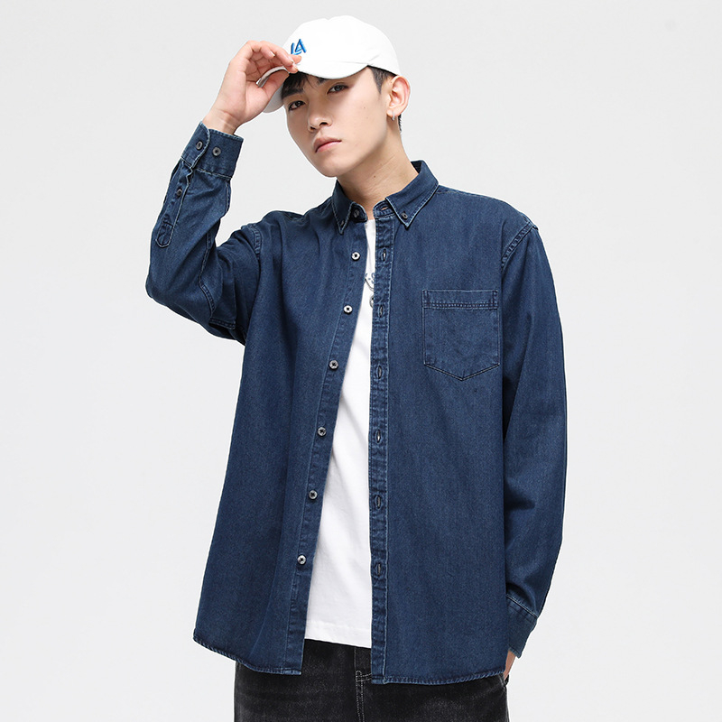 Denim pikkade varrukatega särk, ruudukujuline kaelus, 100% puuvill, jaapani kardigaani stiil