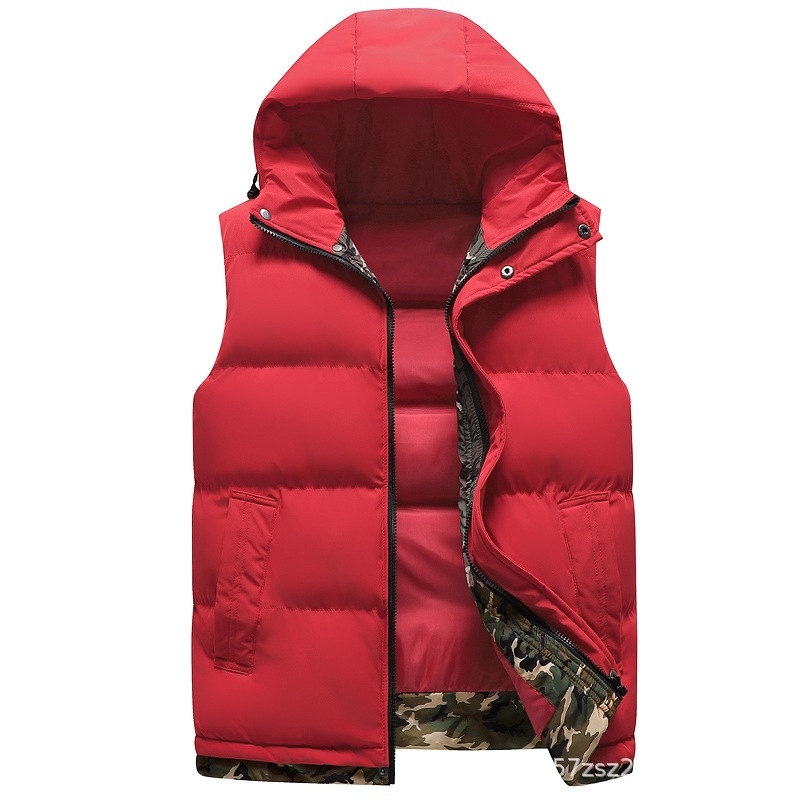 Vyrinė kapucinė liemenė su storesniu medvilnės įdaru, vientisos spalvos, korėjietiško stiliaus, poliesterio išorinis audinys, šoninės kišenės