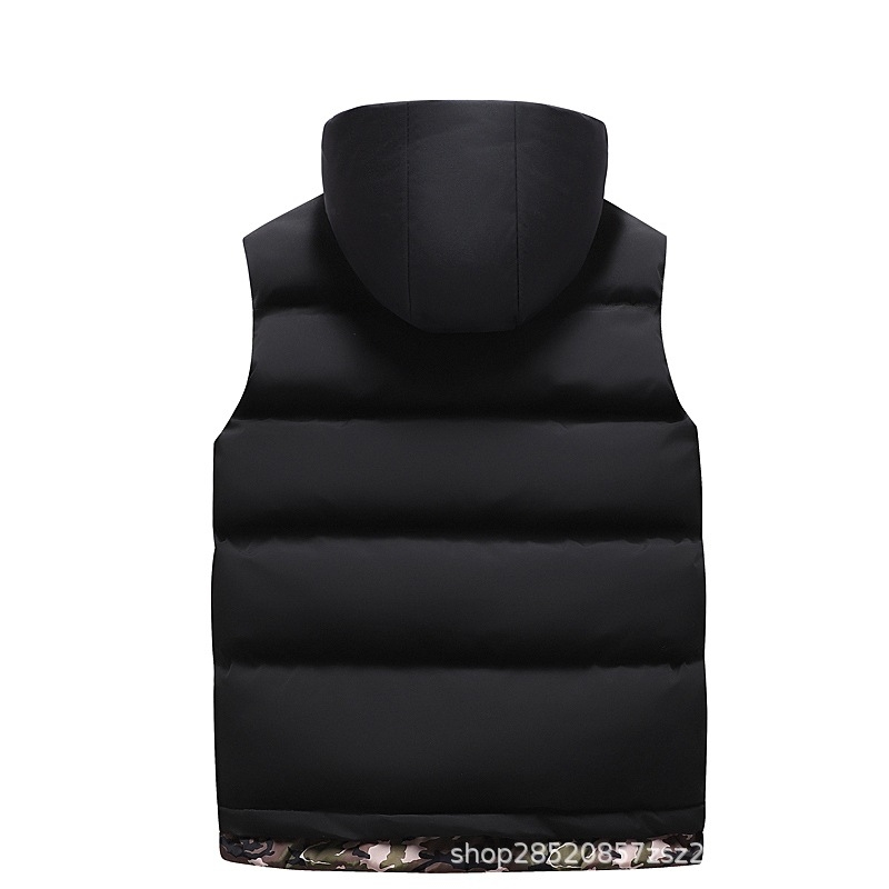 Vyrinė kapucinė liemenė su storesniu medvilnės įdaru, vientisos spalvos, korėjietiško stiliaus, poliesterio išorinis audinys, šoninės kišenės