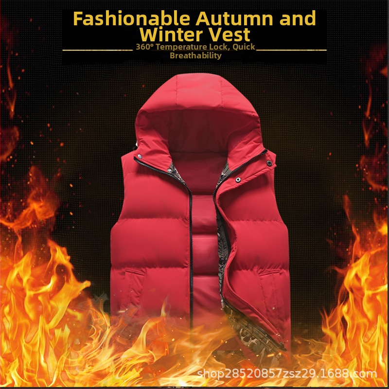 Vyrinė kapucinė liemenė su storesniu medvilnės įdaru, vientisos spalvos, korėjietiško stiliaus, poliesterio išorinis audinys, šoninės kišenės