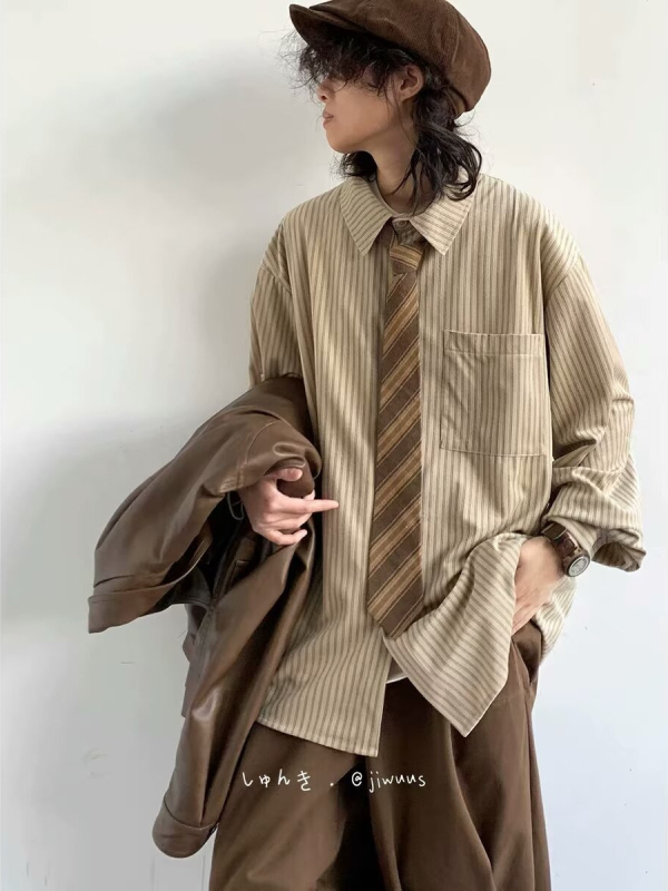 Puuvillane triibuline särk-jakk jaapani retro stiilis, vaba lõige, pikad varrukad, tasku detail