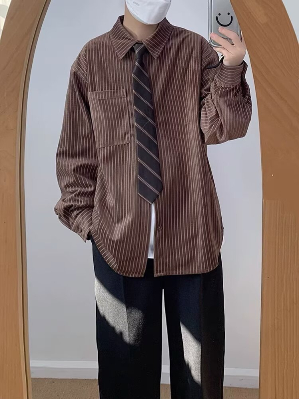 Puuvillane triibuline särk-jakk jaapani retro stiilis, vaba lõige, pikad varrukad, tasku detail