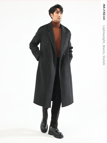 Pánsky zimný kabát v kórejskom štýle voľného strihu, dvojradové zapínanie, 100% vlna