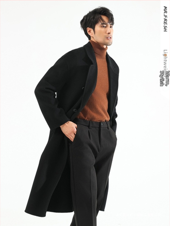 Pánsky zimný kabát v kórejskom štýle voľného strihu, dvojradové zapínanie, 100% vlna