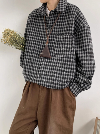 Košieľa-jaketka s káro vzorom, golier lapel, dlhé rukávy, voľný strih, polyesterová tkanina