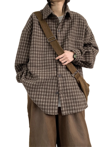 Košieľa-jaketka s káro vzorom, golier lapel, dlhé rukávy, voľný strih, polyesterová tkanina