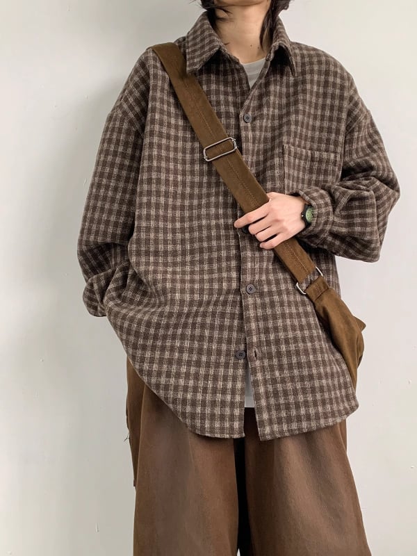 Košieľa-jaketka s káro vzorom, golier lapel, dlhé rukávy, voľný strih, polyesterová tkanina